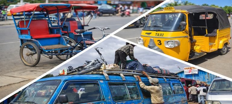 Collage of three transport styles in Madagascar: a colorful cyclo-pousse rickshaw, a yellow bajaj and a taxi-brousse van loaded with luggage.