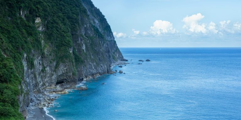 Steep coastal cliffs along the Hualien coastline on Taiwan's east coast overlooking the Pacific Ocean