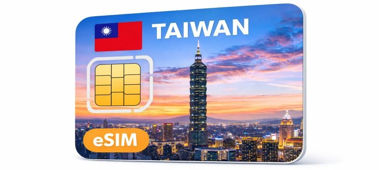 Taiwan eSIM travel graphic featuring Taipei 101 skyline at sunset and a SIM card design with the Taiwan flag.