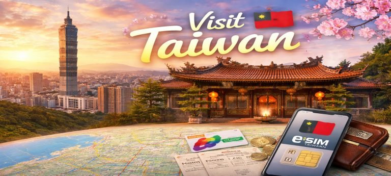 Taiwan eSIM travel banner featuring Taipei 101 at sunset, a traditional temple, and a smartphone showing an eSIM for Taiwan.