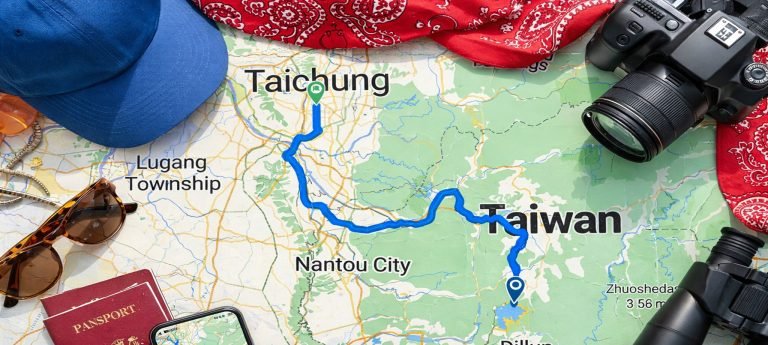 Map showing the travel route from Taichung to Sun Moon Lake in Taiwan, surrounded by travel accessories including sunglasses, passport, smartphone, compass, cap, bandana, binoculars, and a modern camera