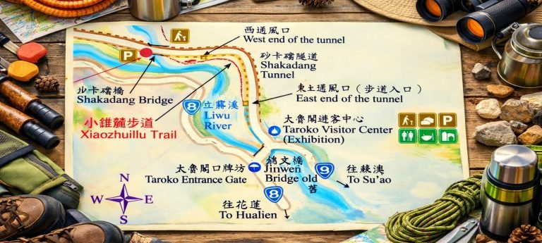 Colorful hiking map of Taroko Gorge with Shakadang Trail and trekking gear arranged around it