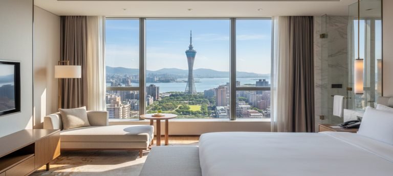 A busy urban intersection in Kaohsiung, Taiwan, at dusk, featuring heavy scooter traffic, city buses, tall commercial buildings with large digital billboards, and a view of mountains with wind turbines in the background.
