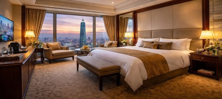 A luxury hotel in Taipei with Taipei 101 gloing in the distance