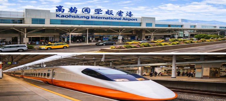 A vertical collage featuring Kaohsiung International Airport at the top with yellow taxis out front, and a sleek orange and white Taiwan High Speed Rail (THSR) train at a station platform at the bottom.