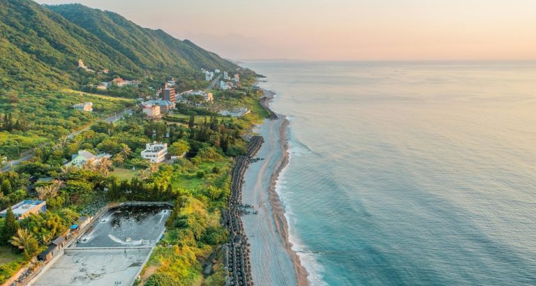 Aerial view of the Hualien coastline on Taiwan's east coast with mountains, beaches, and the Pacific Ocean