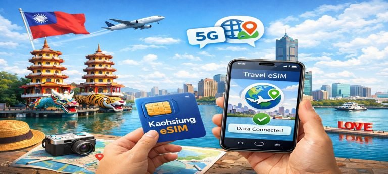 A promotional image for a 5G travel eSIM in Kaohsiung, Taiwan, showing the words "Data Connected," "Kaohsiung eSIM," and "LOVE FORT," set against a bright and modern design.