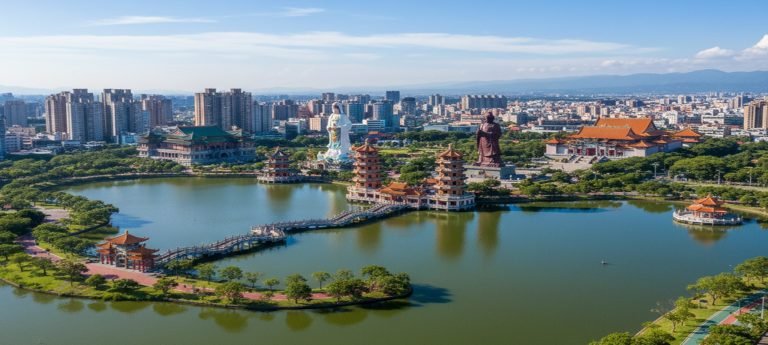Aerial view of Lotus Lake in Kaohsiung, Taiwan, featuring temples with traditional curved roofs, a statue of a dragon and tiger pagoda, a long bridge over the lake, modern city buildings in the background, and green hills in the distance.