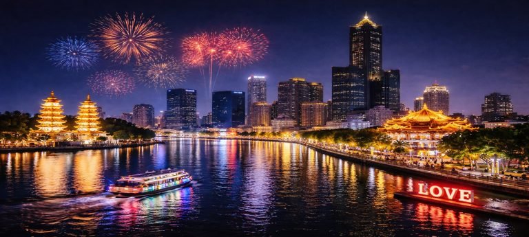 A panoramic night view of Kaohsiung, Taiwan, featuring a lit-up tour boat on the Love River, the 85 Sky Tower in the skyline, and vibrant fireworks exploding over traditional pagodas and modern skyscrapers.