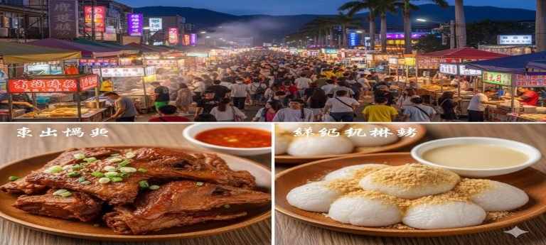 A vibrant Taiwanese night market dish featuring bright red shell-on prawns sizzling in a metal pan, seasoned with garlic, herbs, and spices, under warm night market lighting.