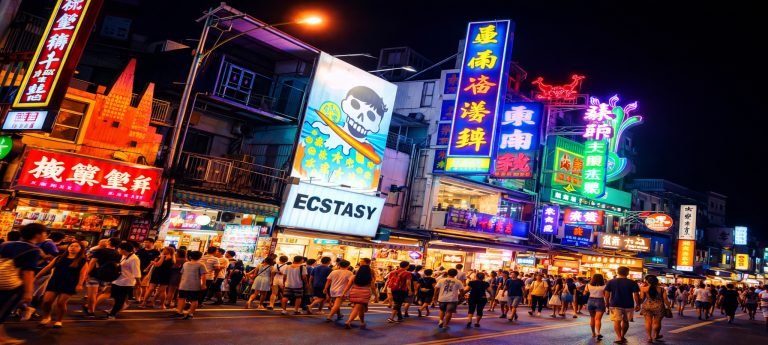 Crowded night market street in Kenting, Taiwan illuminated by colorful neon signs and shopfronts, with people walking beneath bright lights after dark.