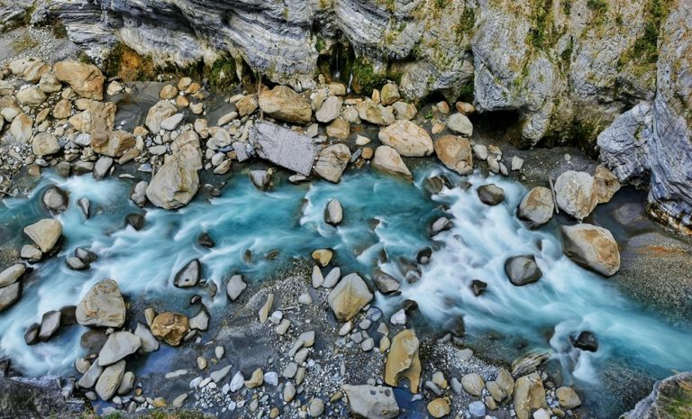 Liwu River flowing through the marble canyon of Taroko Gorge Taiwan with turquoise water and dramatic rock formations Caption: Description:
