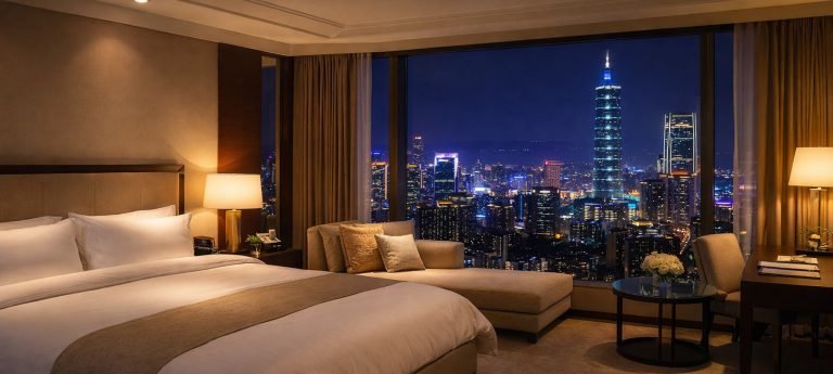 Luxury Taipei hotel room with a stunning Taipei 101 night view.