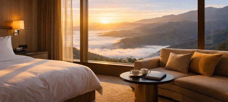 Luxury hotel room in Alishan with large windows overlooking mountain forests and clouds at sunrise