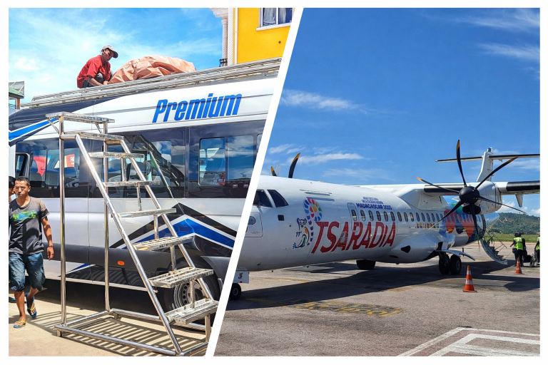 Collage showing travel transport in Madagascar with a Premium long-distance minibus and a Tsaradia turboprop airplane on the airport tarmac.