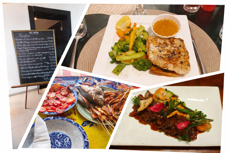 Diagonal collage of Malagasy food, featuring grilled fish with vegetables, seafood skewers by the coast, a slow-cooked meat dish with greens, and a handwritten restaurant menu in Madagascar.
