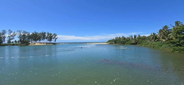 River meeting the Indian Ocean in Manakara, Madagascar, with palm-lined banks and calm tropical waters under a clear blue sky