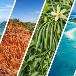 Collage highlighting Northern Madagascar with views of Diego Suarez bay, Tsingy Rouge rock formations, vanilla from the Sambava region, Nosy Iranja islands, and a regional map for orientation.