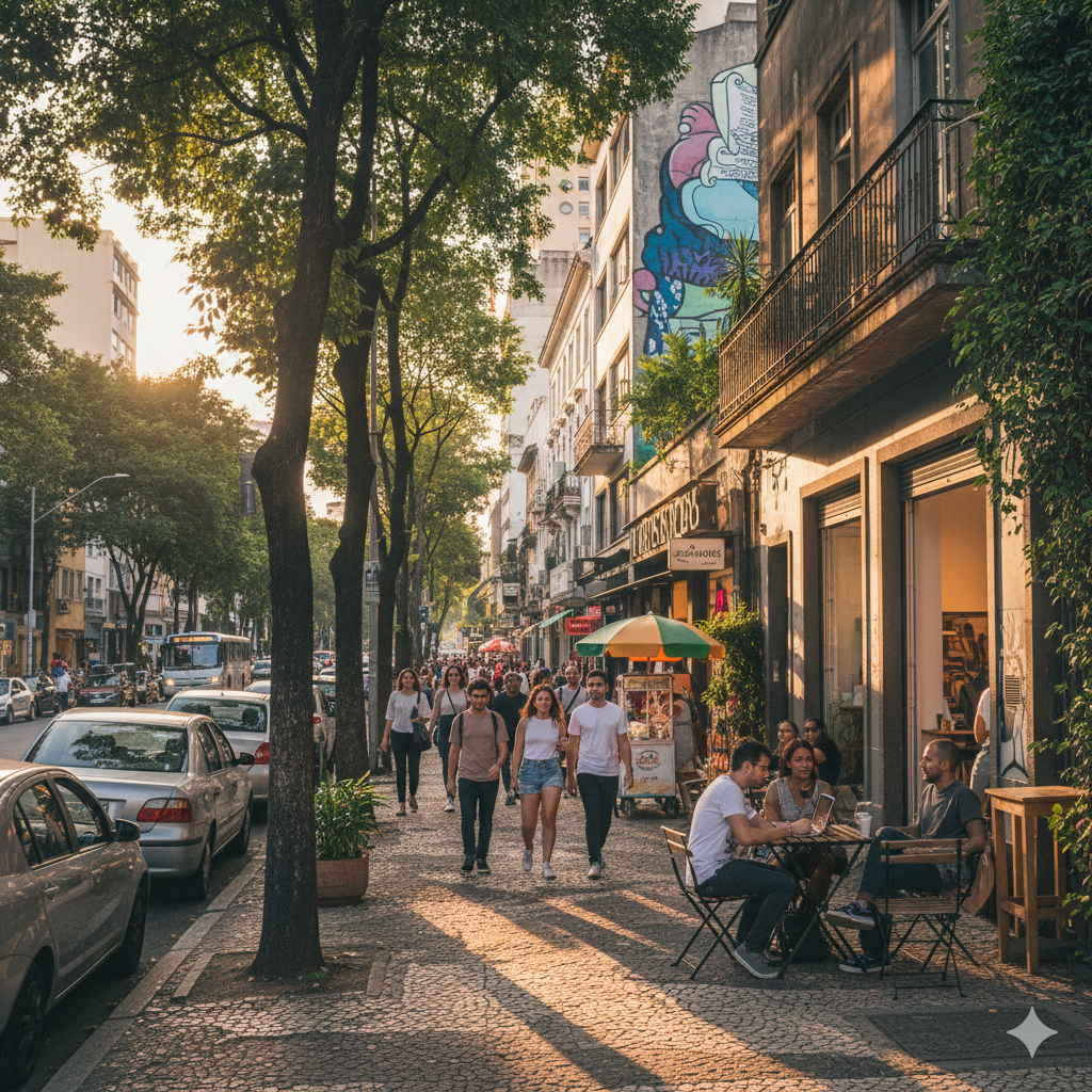 Street scene in the Pinheiros neighborhood of São Paulo with cafés, pedestrians, and tree-lined sidewalks, a popular area for things to do in São Paulo.