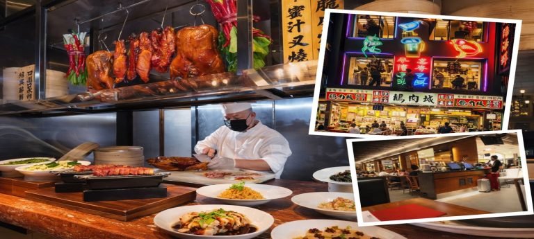 Taipei food collage showing a chef preparing roast duck in a restaurant kitchen, with neon-lit night market dining and a modern indoor food court scene overlaid in white frames.