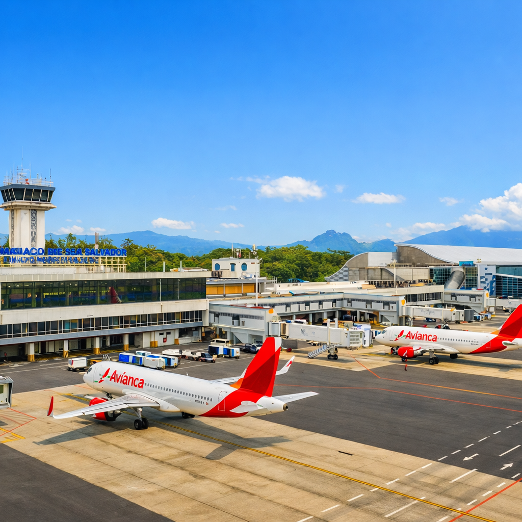 Salvador International Airport under blue skies, with aircraft at the terminal and green hills in the background