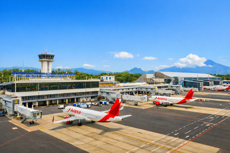 Salvador International Airport under blue skies, with aircraft at the terminal and green hills in the background