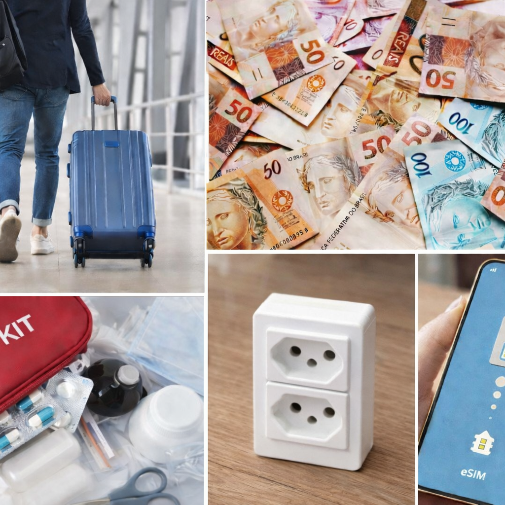 Travel essentials for Salvador, Brazil including luggage, Brazilian real currency, first aid kit, Brazilian power plug, and eSIM on smartphone
