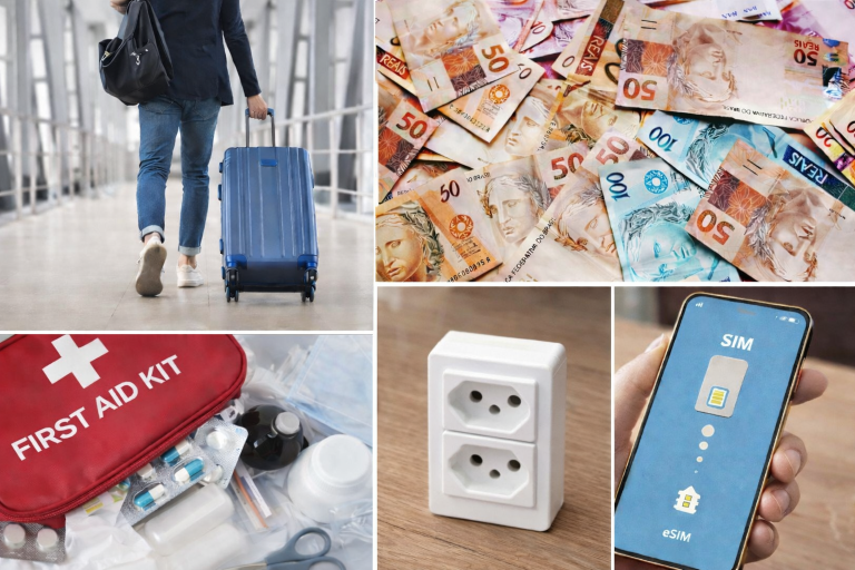 Travel essentials for Salvador, Brazil including luggage, Brazilian real currency, first aid kit, Brazilian power plug, and eSIM on smartphone