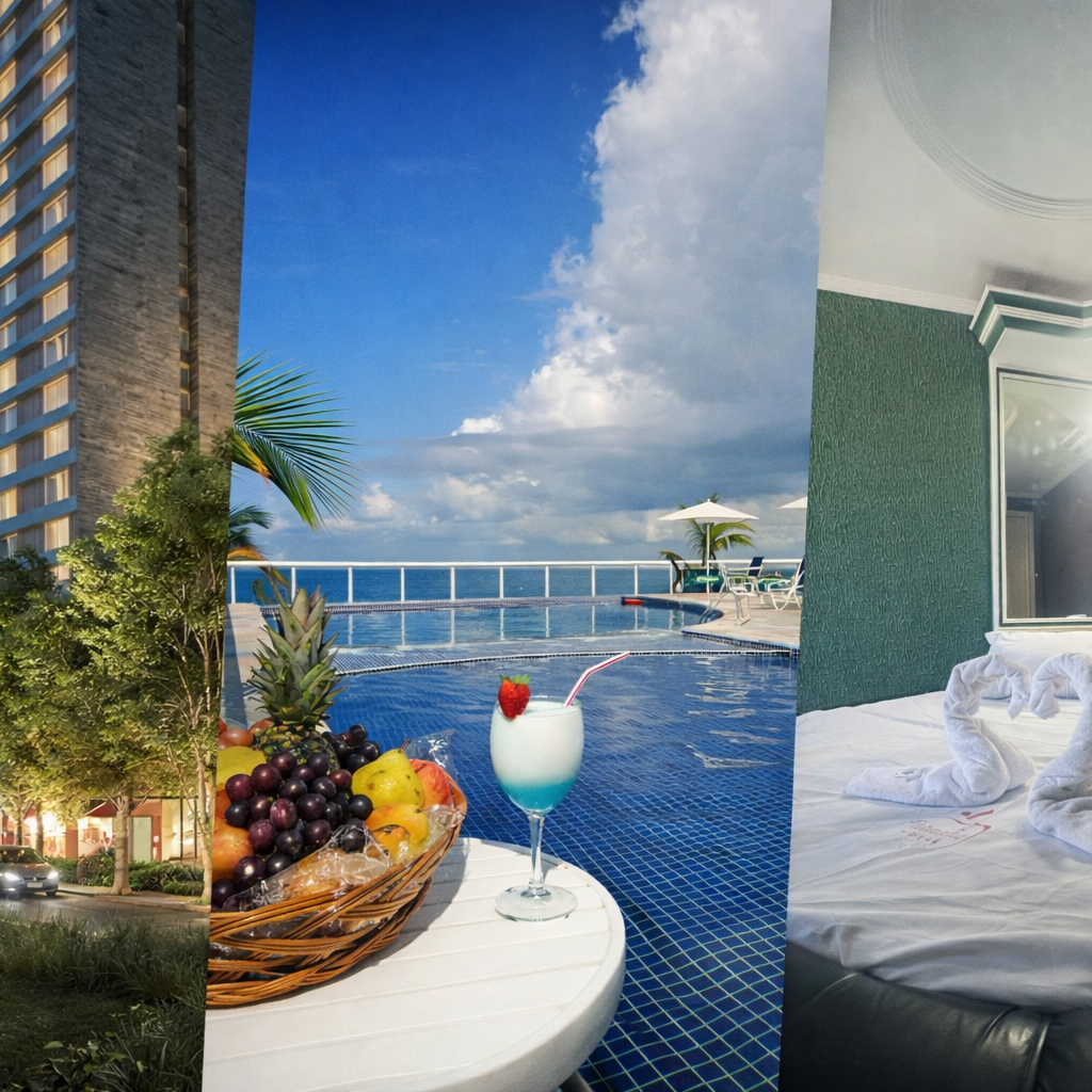 Collage of accommodations in Salvador, Brazil showing a modern hotel exterior, a rooftop infinity pool with ocean views, and a romantic hotel room interior.