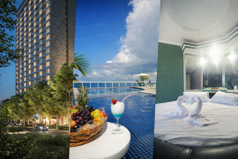 Collage of accommodations in Salvador, Brazil showing a modern hotel exterior, a rooftop infinity pool with ocean views, and a romantic hotel room interior.