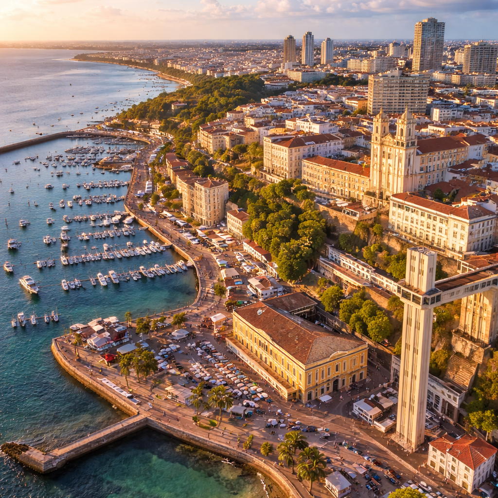 Aerial view of Salvador, Brazil with the Elevador Lacerda overlooking the Bay of All Saints under clear blue skies