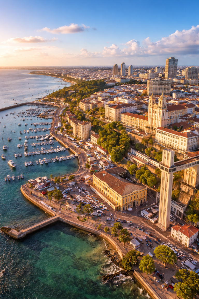Aerial view of Salvador, Brazil with the Elevador Lacerda overlooking the Bay of All Saints under clear blue skies