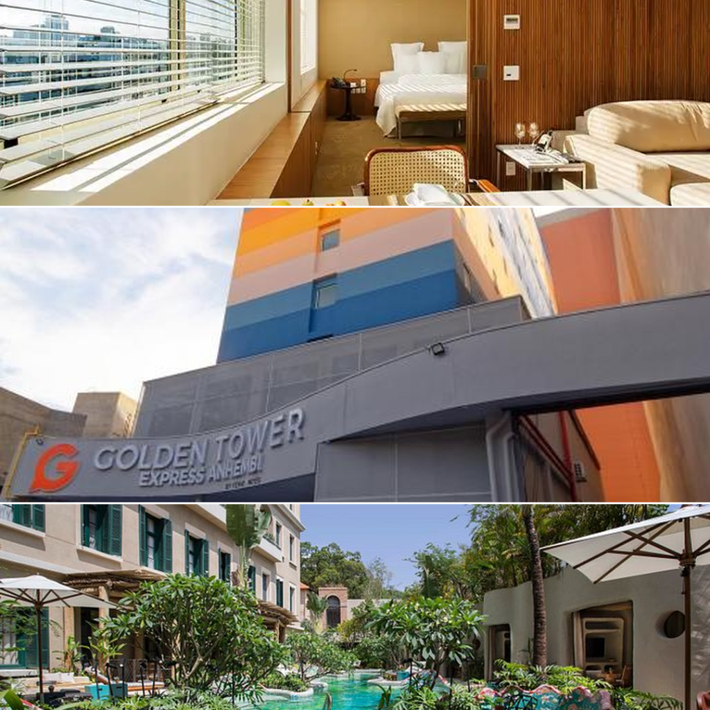 Hotel rooms and luxury stays in São Paulo, featuring a modern guest room, the Golden Tower Express Anhembi exterior, and a tropical resort-style pool courtyard.