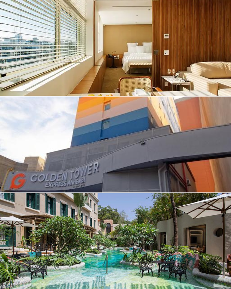 Hotel rooms and luxury stays in São Paulo, featuring a modern guest room, the Golden Tower Express Anhembi exterior, and a tropical resort-style pool courtyard.