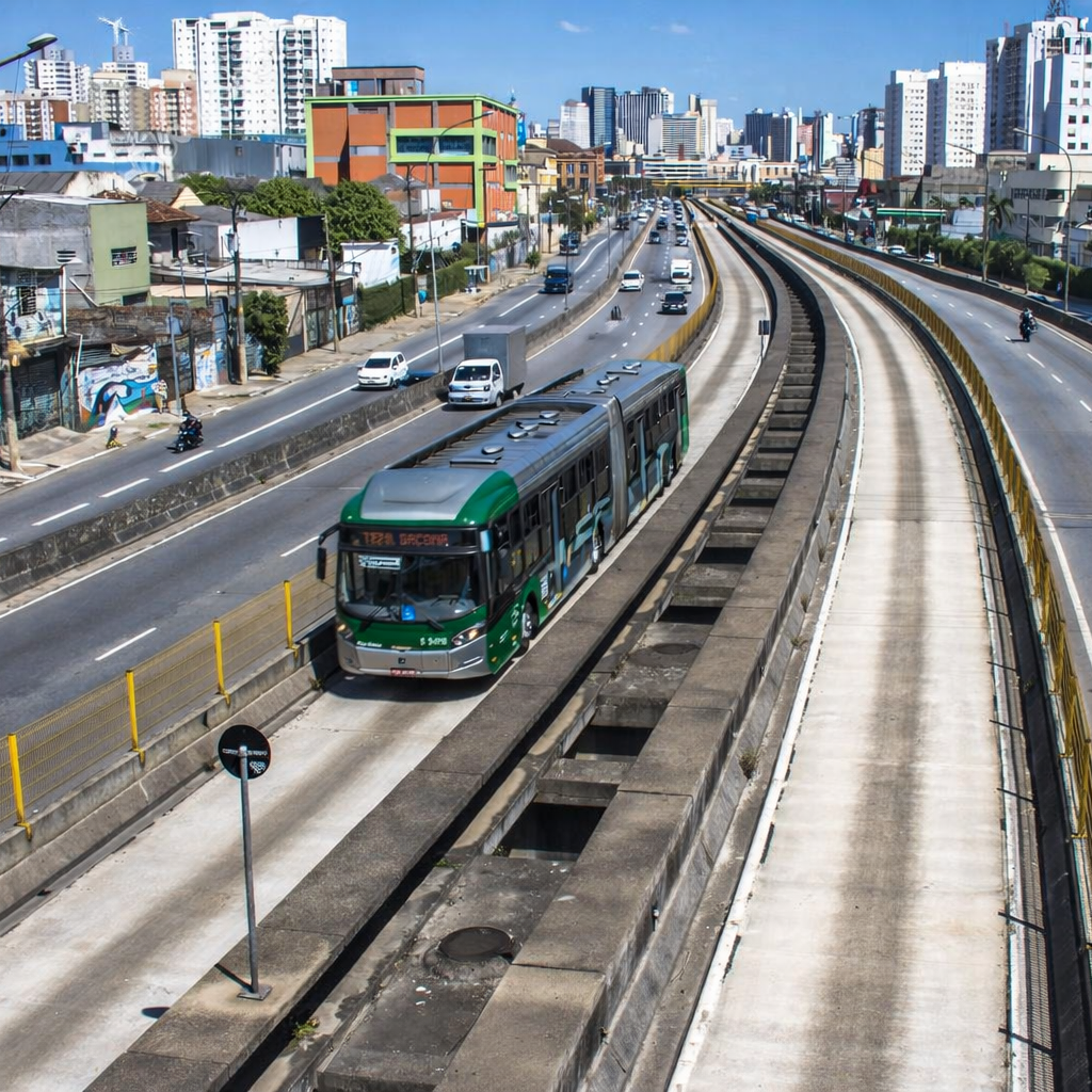 Dedicated bus corridor in São Paulo with an articulated city bus and surrounding traffic, showing how people move around the city.