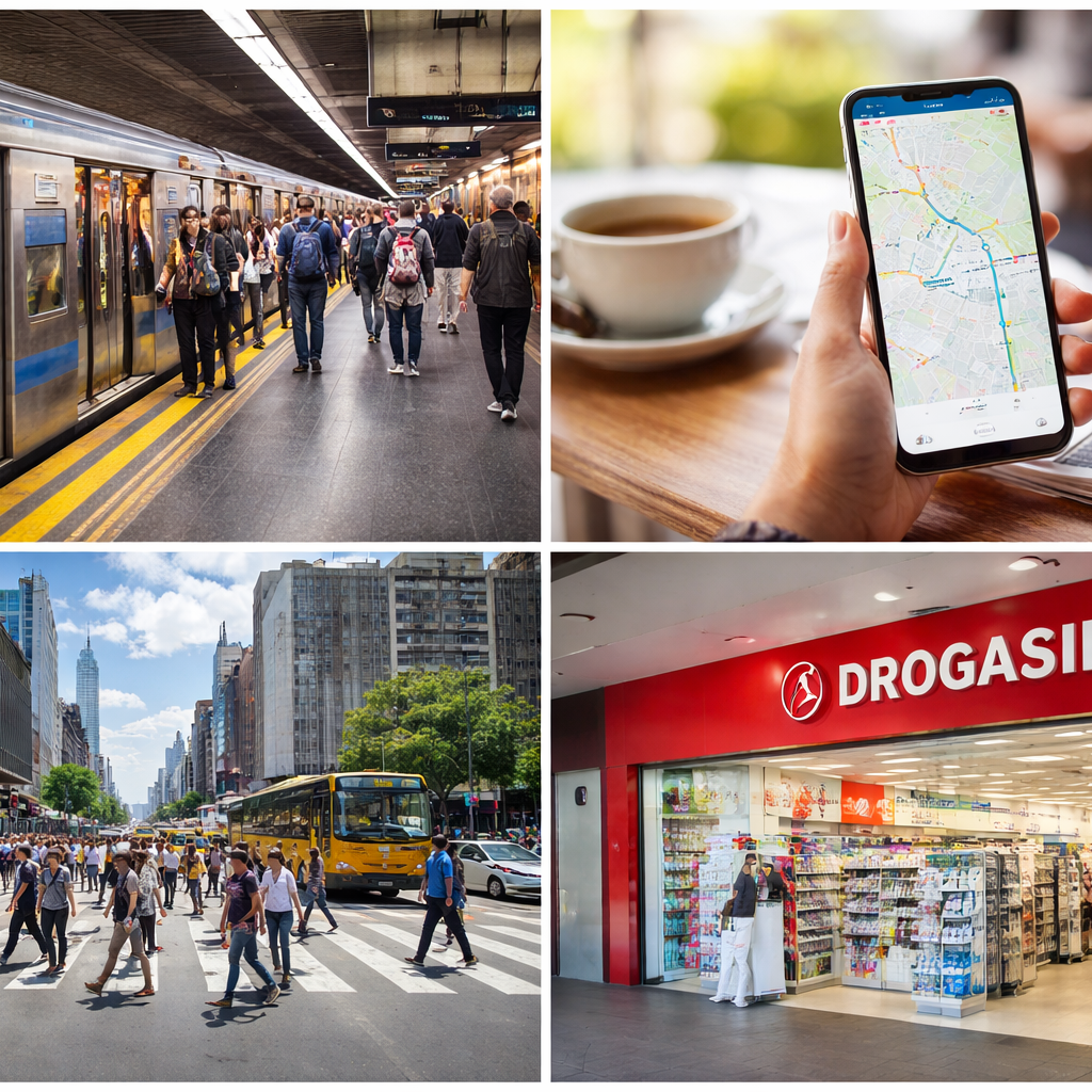 Collage showing key practical travel elements in São Paulo, including city streets, public transport, neighborhoods, and urban landmarks.