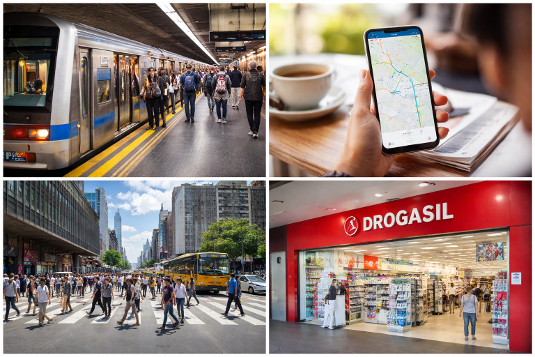 Collage showing key practical travel elements in São Paulo, including city streets, public transport, neighborhoods, and urban landmarks.