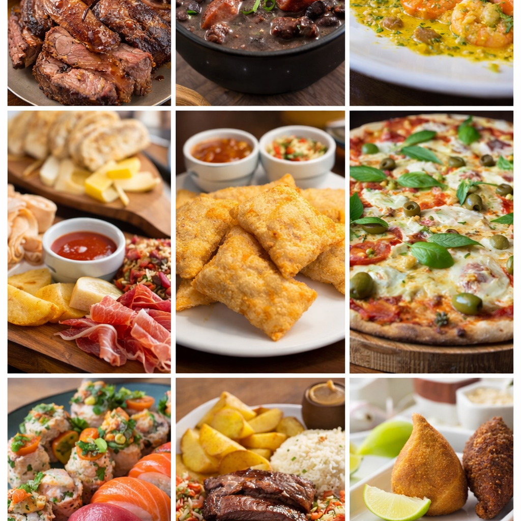 A collage of traditional and modern dishes served in São Paulo restaurants, showcasing Brazilian classics, steak, seafood, pizza, sushi, and street food specialties.