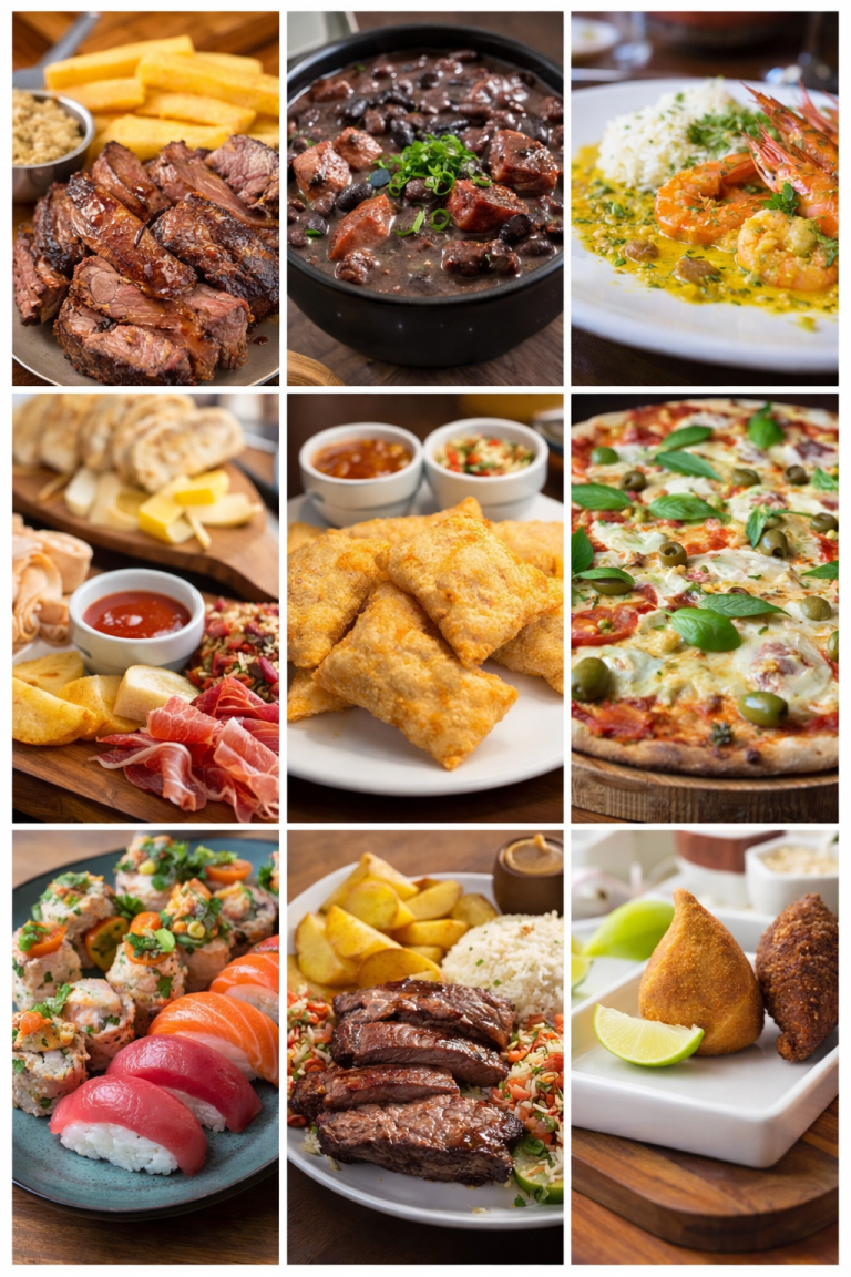 A collage of traditional and modern dishes served in São Paulo restaurants, showcasing Brazilian classics, steak, seafood, pizza, sushi, and street food specialties.