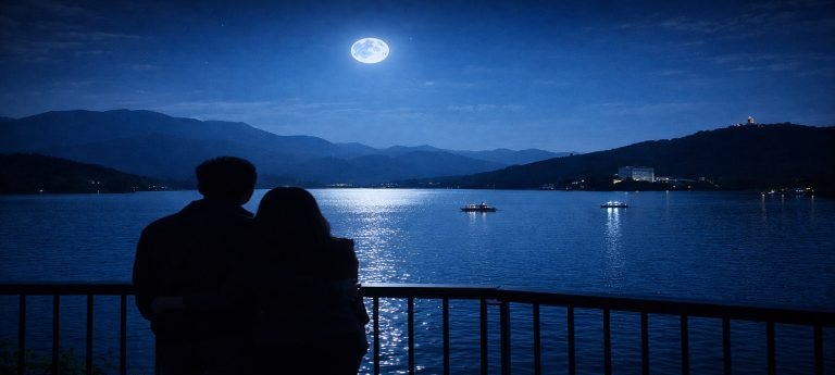 Couple silhouette overlooking Sun Moon Lake under a full moon with shimmering water and mountain silhouettes in Taiwan.