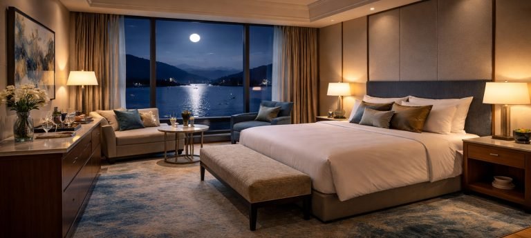 Modern 5-star hotel room with dim lighting and a panoramic window overlooking Sun Moon Lake under a full moon.