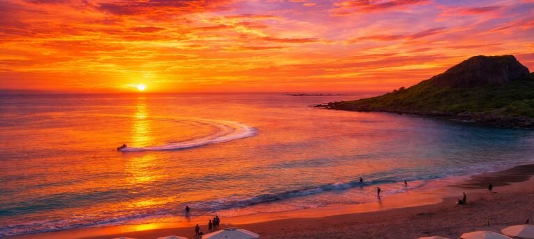 A vibrant orange and red sunset over a beach in Kenting, featuring a jet ski leaving a wake in the glowing water and people walking along the shore.