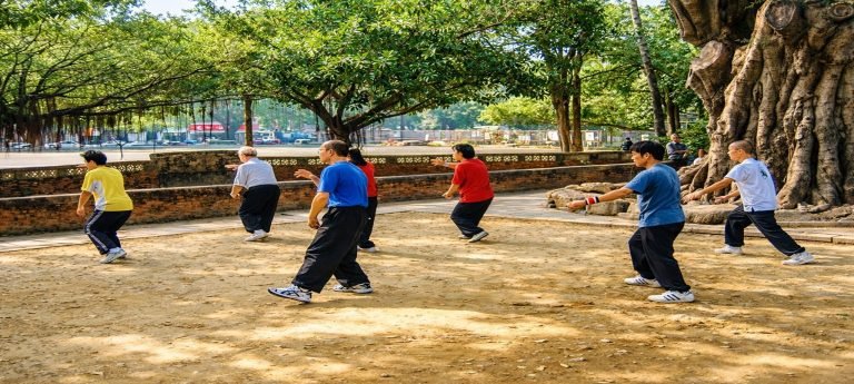 Things to do in Taiwan: People practicing tai chi in a sunny Taiwanese park beneath a large banyan tree, with leafy shade and a calm outdoor setting.