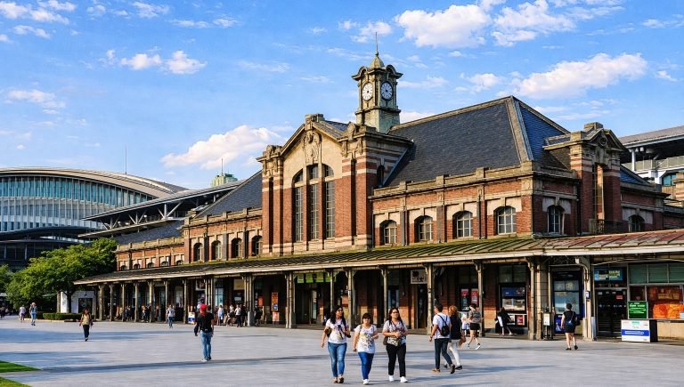 Historic Taichung Train Station with red brick architecture and clock tower on a sunny day in Taichung, Taiwan.