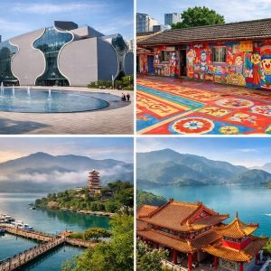 Collage of Taichung and Sun Moon Lake featuring National Taichung Theater, Rainbow Village, and scenic lake views with Wenwu Temple in central Taiwan