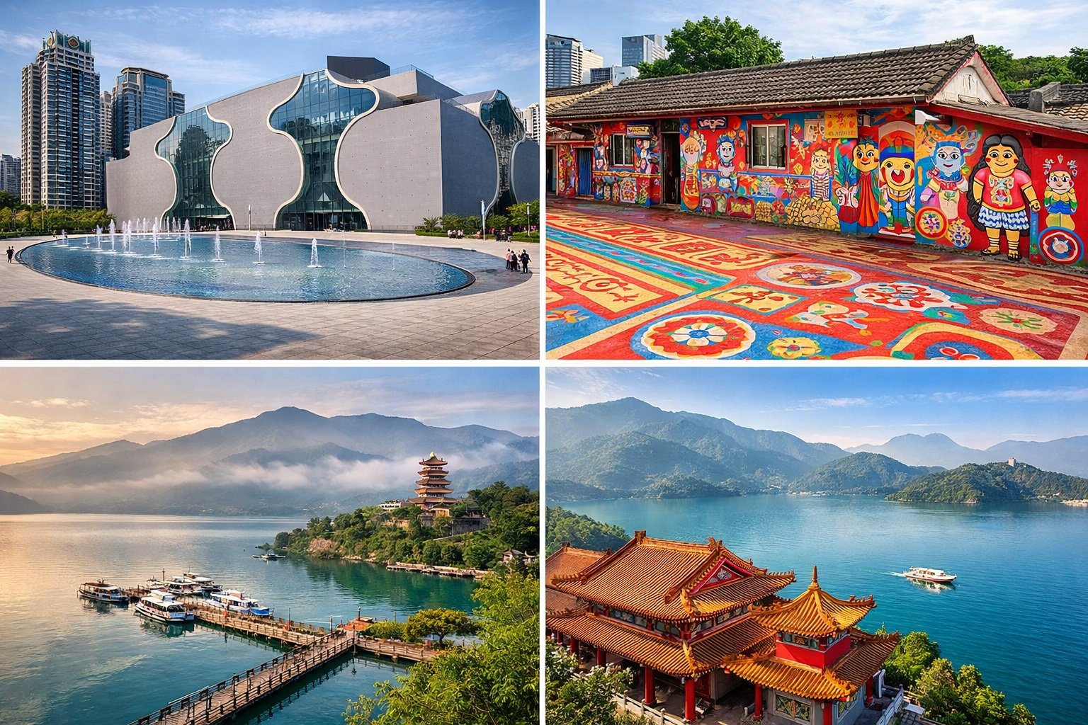Collage of Taichung and Sun Moon Lake featuring National Taichung Theater, Rainbow Village, and scenic lake views with Wenwu Temple in central Taiwan