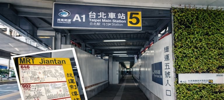 Taipei Main Station A1 corridor with a small inset photo of the MRT Jiantan stop sign, framed in white and tilted diagonally.