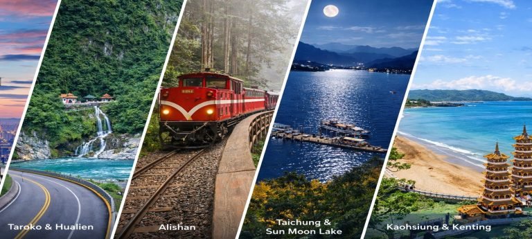 Diagonal collage of Taiwan highlights showing Taipei, Taroko Gorge & Hualien, Alishan, Taichung & Sun Moon Lake, and Kaohsiung & Kenting in five scenic panels.