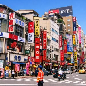 Street scene in a Taiwanese city with colorful Chinese shop signs, scooters and cars in traffic, and pedestrians crossing at a busy intersection under bright blue skies.
