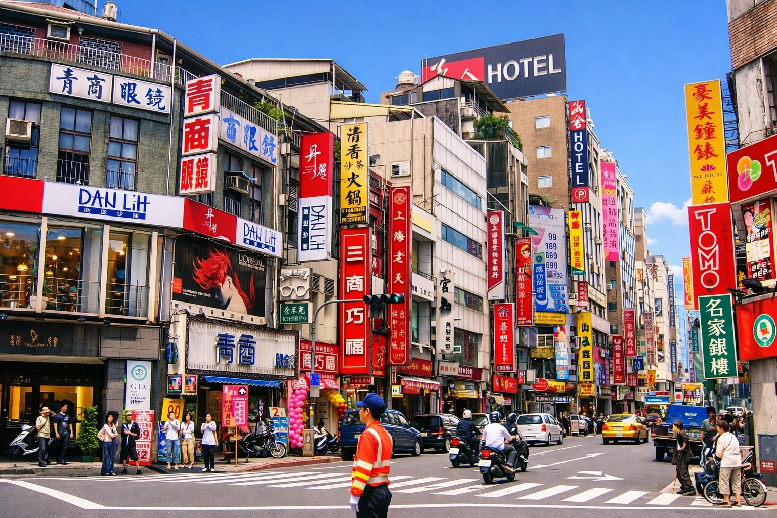 Street scene in a Taiwanese city with colorful Chinese shop signs, scooters and cars in traffic, and pedestrians crossing at a busy intersection under bright blue skies.